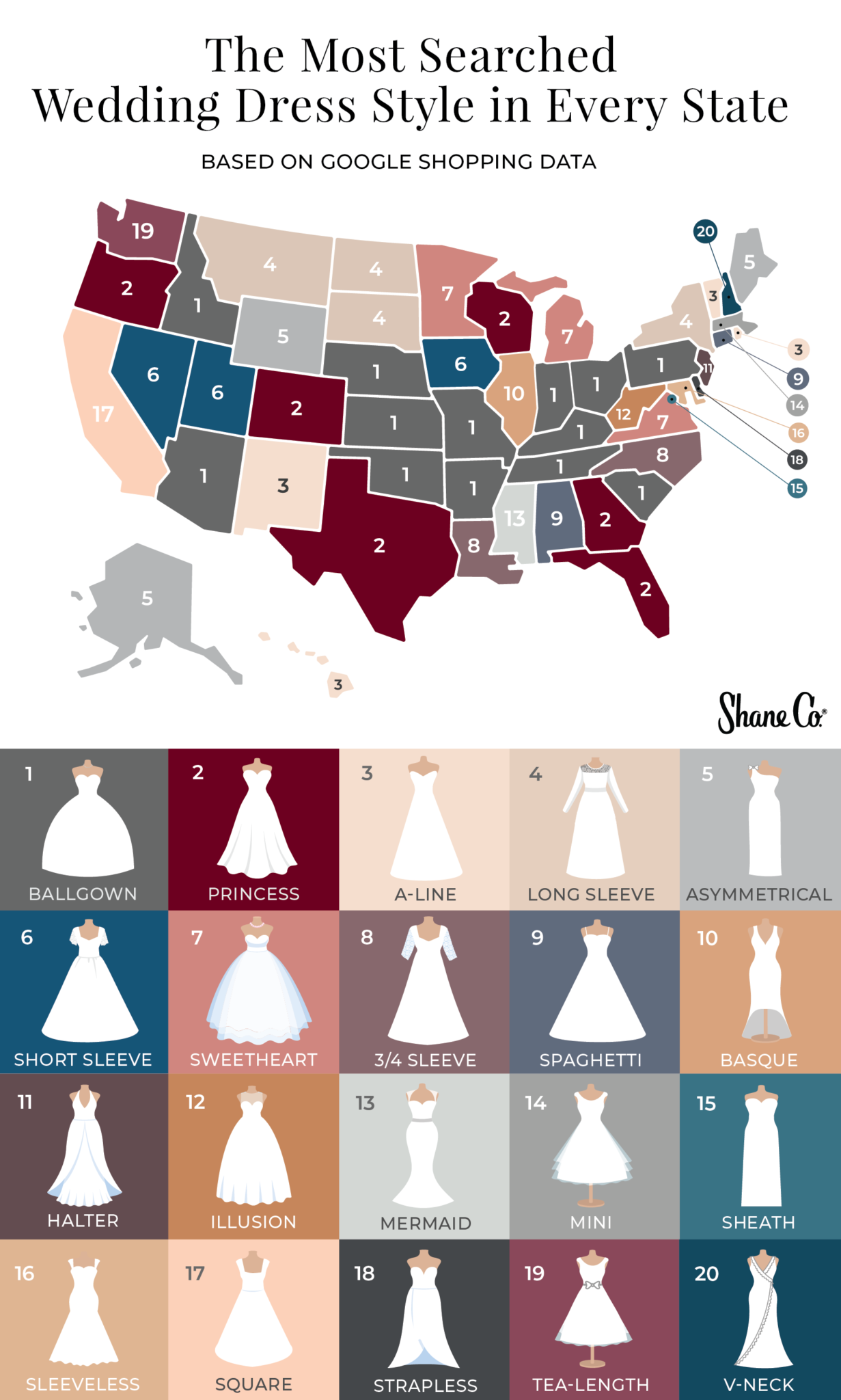Карта США, показывающая самый популярный стиль свадебного платья в каждом штате