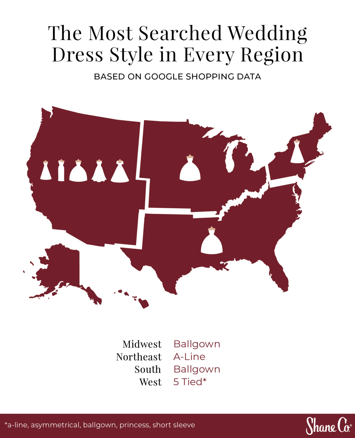 Карта региональных трендов свадебных платьев в США по результатам поиска